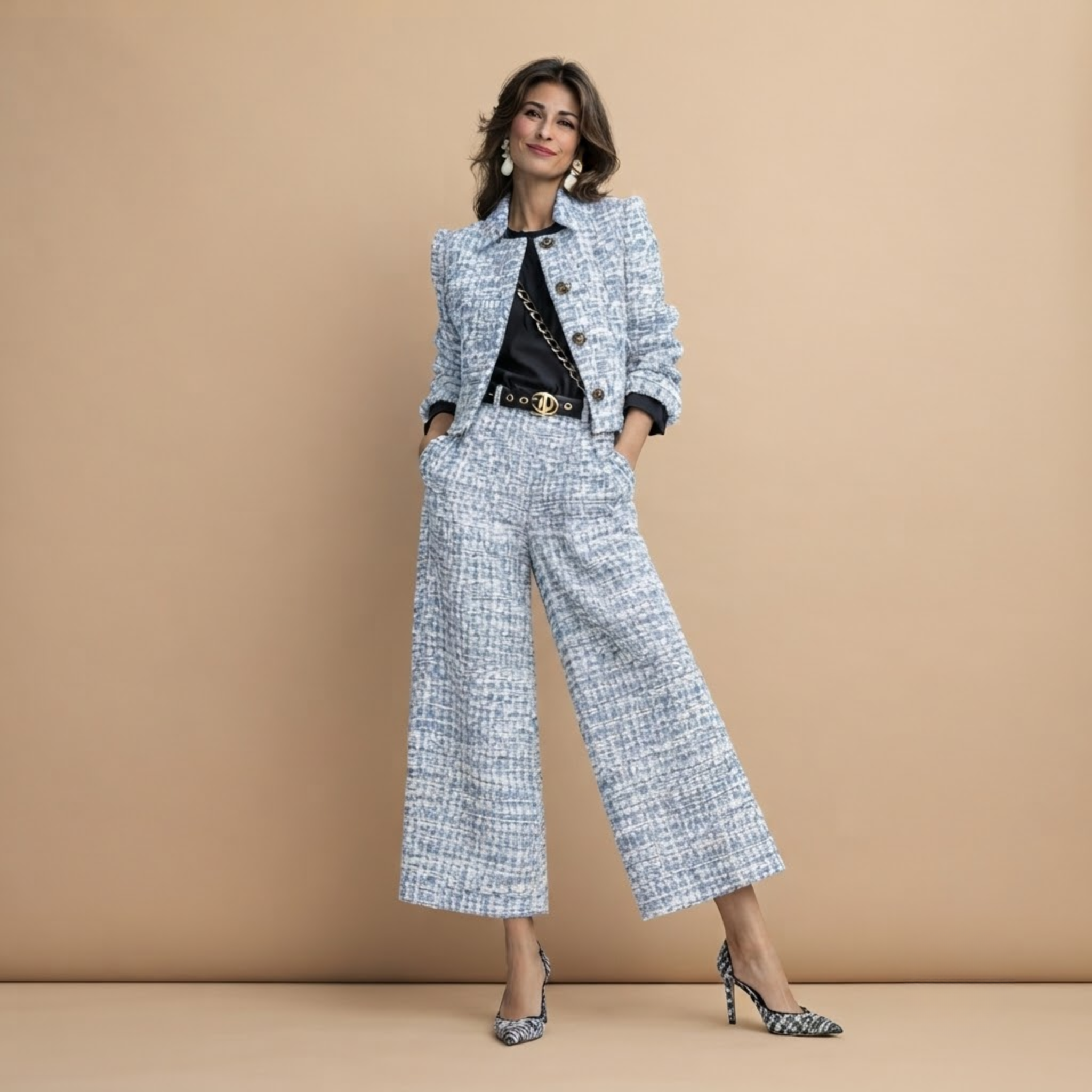 Valentina Frayed Jacket and Pants Two-Piece Set in Blue shown in front view with frayed trim jacket and matching pants.