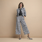 Valentina Frayed Jacket and Pants Two-Piece Set in Grey shown in front view with frayed trim jacket and matching pants.