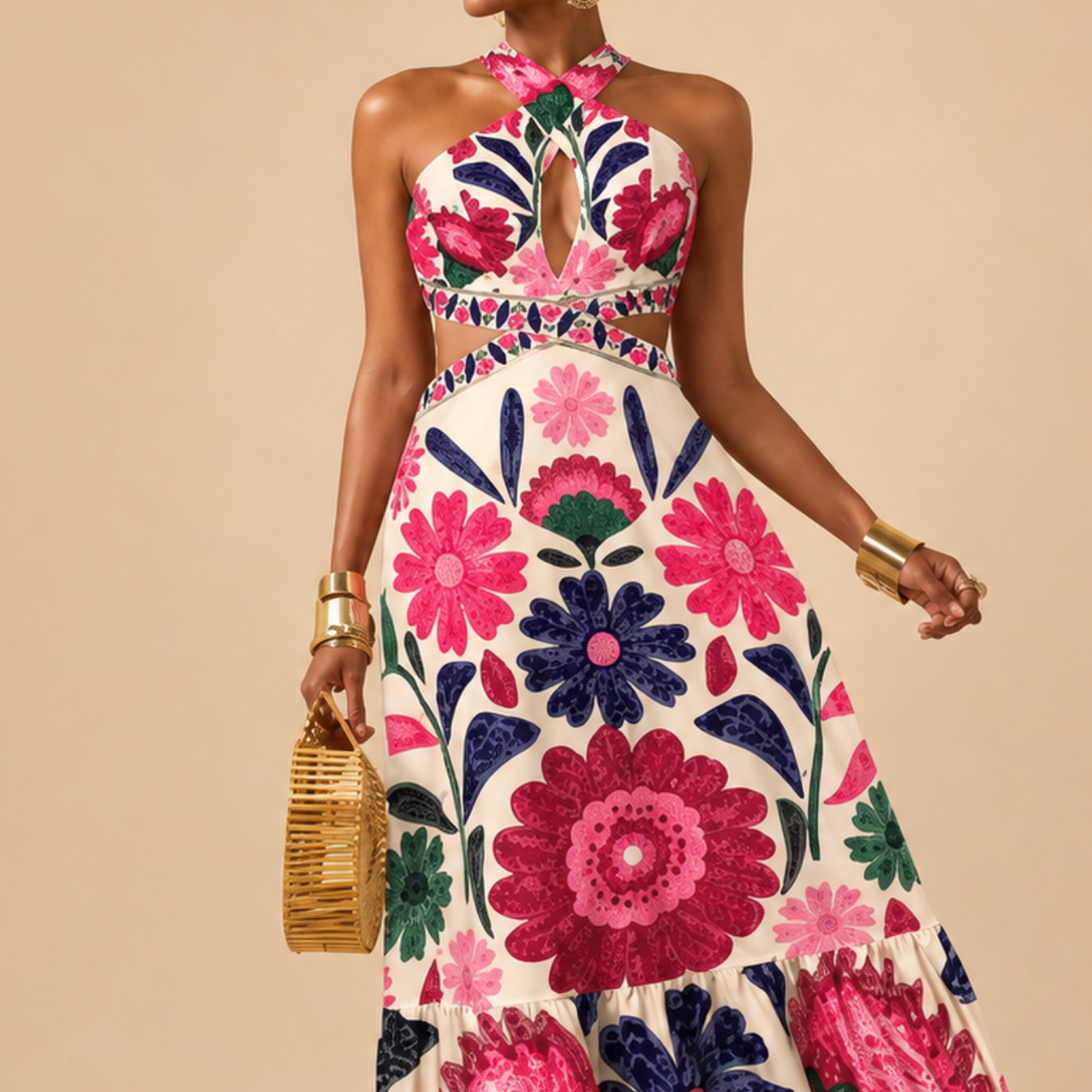 Verity Maxi Dress Floral-Print Halter Cutout-Waist
