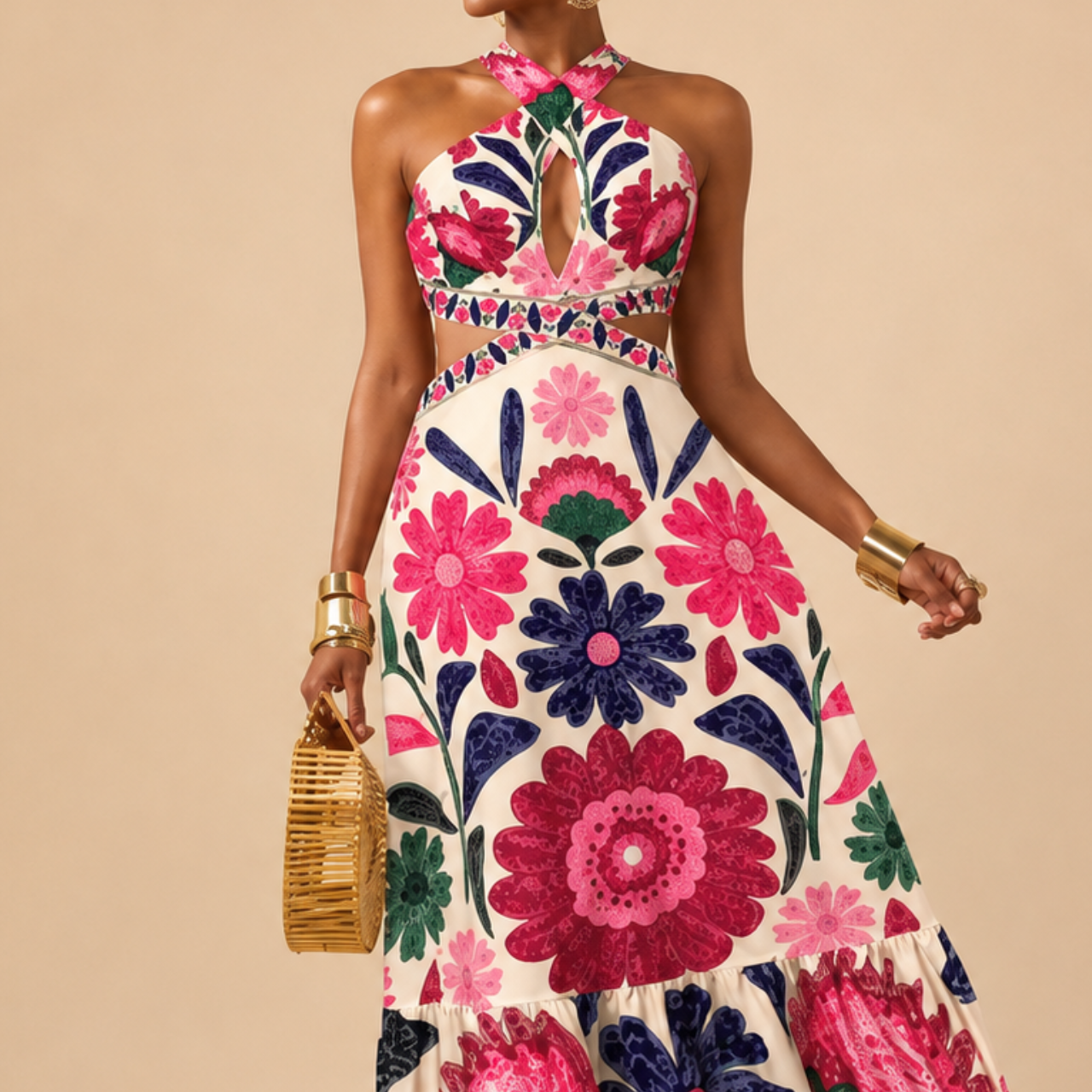 Verity Maxi Dress Floral-Print Halter Cutout-Waist