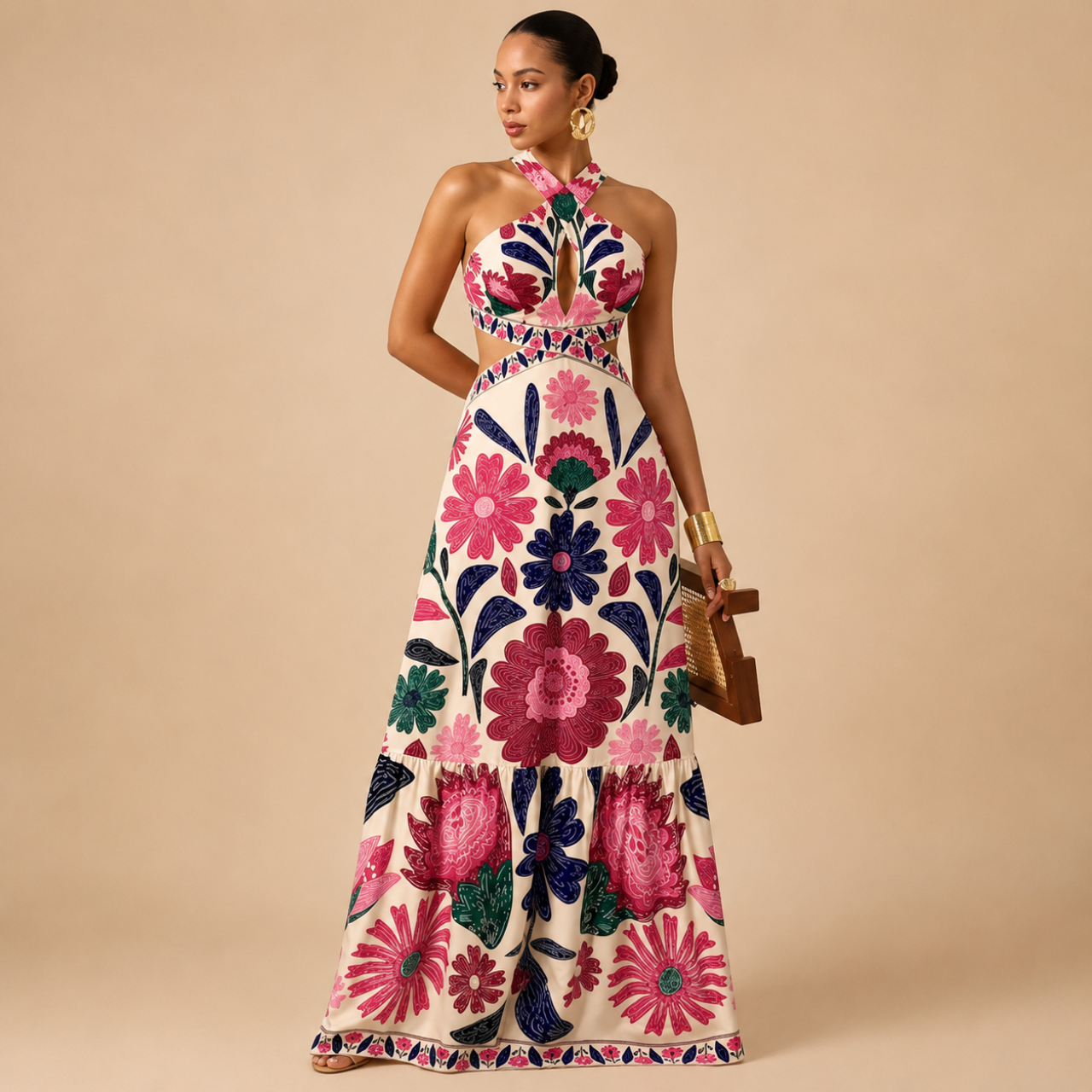 Verity Maxi Dress Floral-Print Halter Cutout-Waist