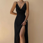 Verlaine Satin Maxi Dress Black Front View