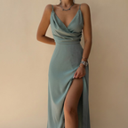 Wedding Guest Satin Dress Grey Front View