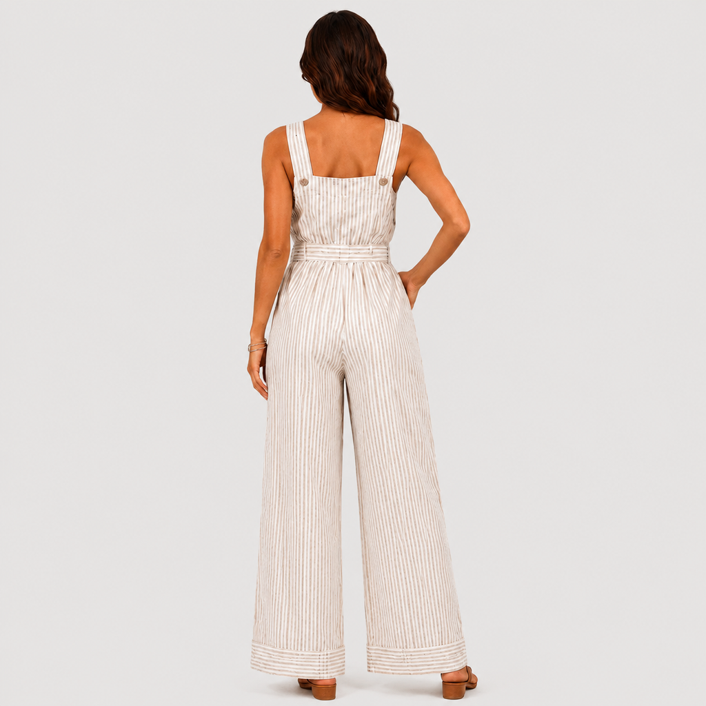 Back view of White striped wide leg jumpsuit with tie waist and sleeveless design by BELLA HUDSON