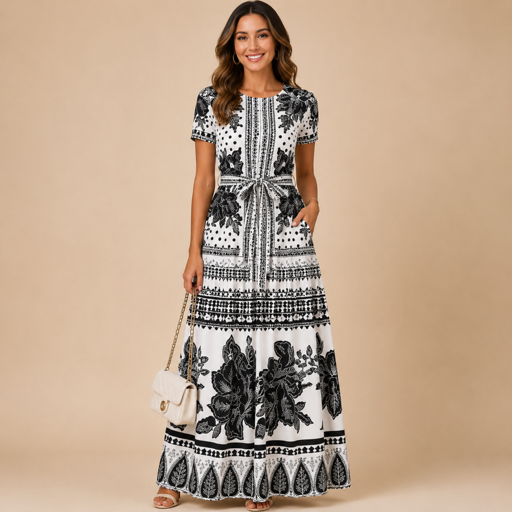 Wilhelmina printed maxi dress with elastic waist in black, front view, designed by Bella Hudson