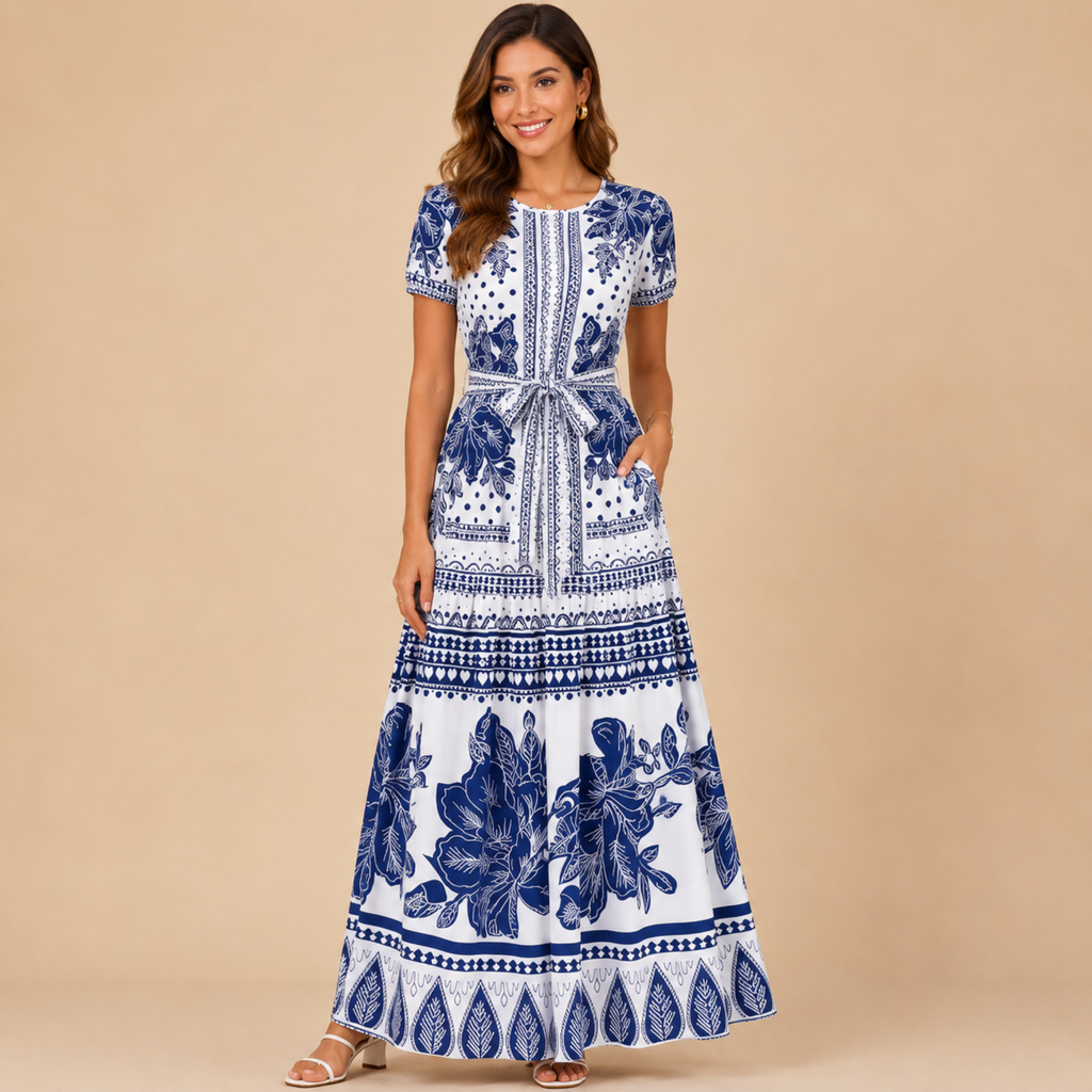 Wilhelmina printed maxi dress with elastic waist in blue, front view, designed by Bella Hudson