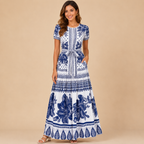 Wilhelmina printed maxi dress with elastic waist in blue, front view, designed by Bella Hudson