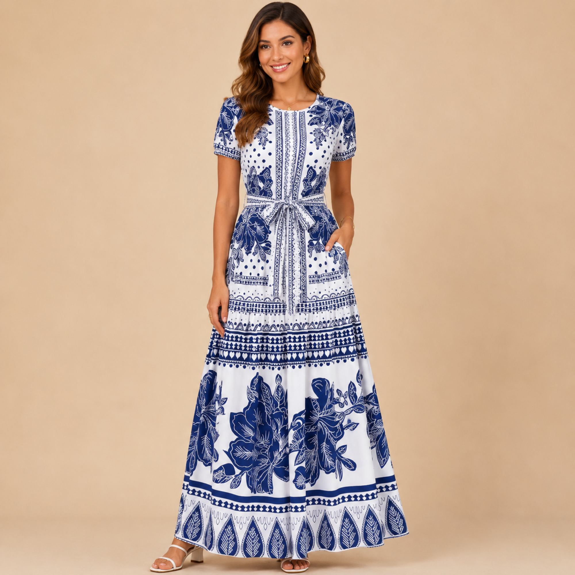 Wilhelmina printed maxi dress with elastic waist in blue, front view, designed by Bella Hudson