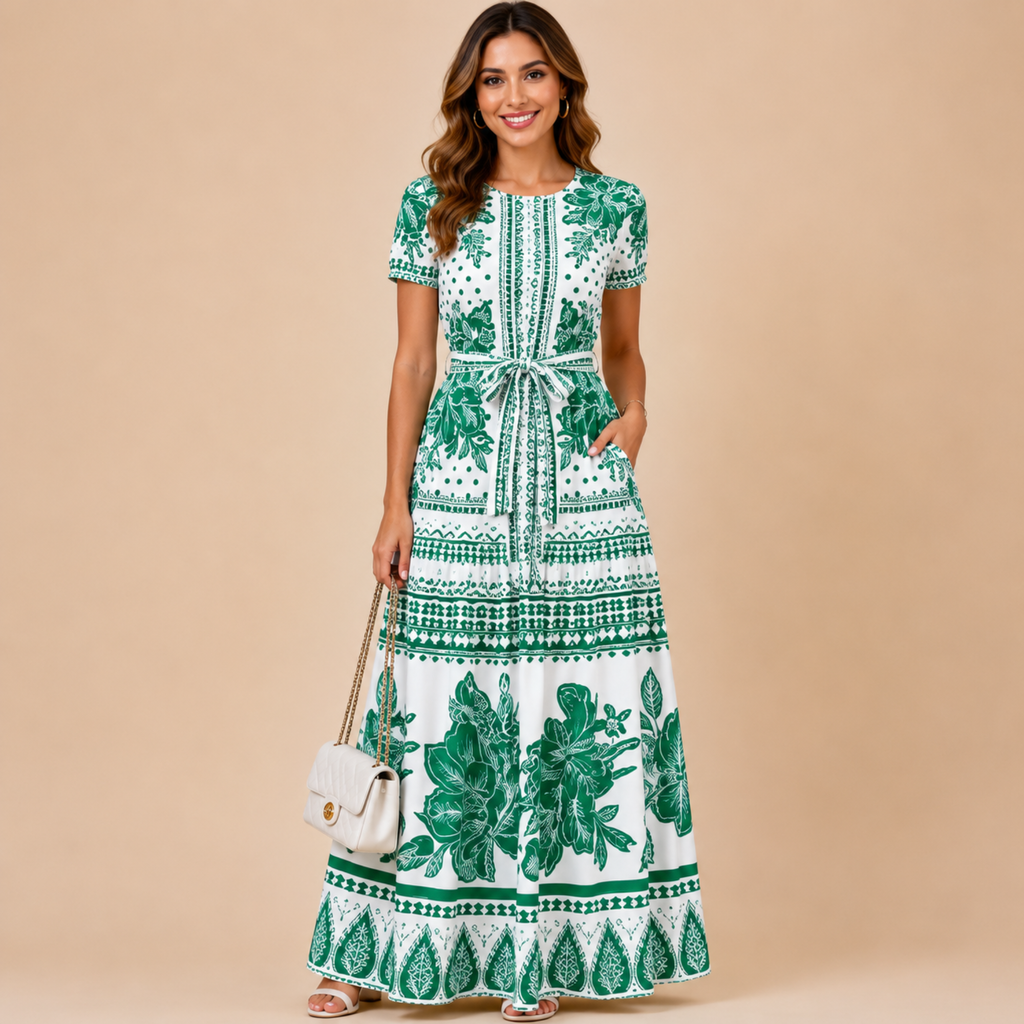 Wilhelmina printed maxi dress with elastic waist in green, front view, designed by Bella Hudson