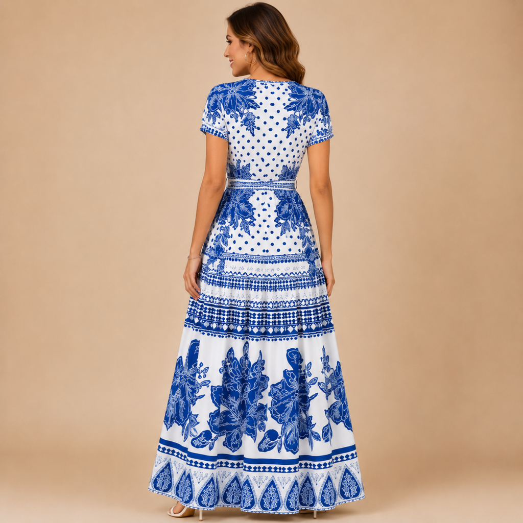 Wilhelmina printed maxi dress with elastic waist in light blue, back view, designed by Bella Hudson