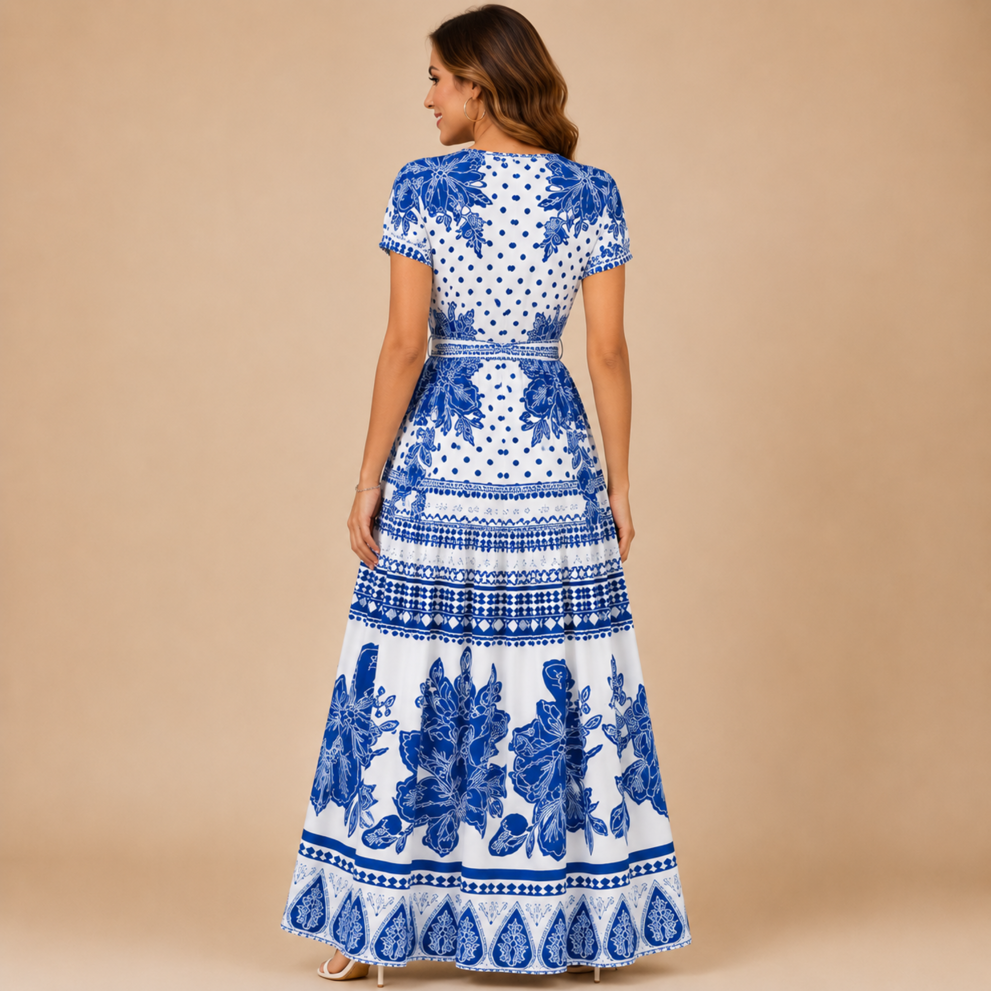 Wilhelmina printed maxi dress with elastic waist in light blue, back view, designed by Bella Hudson