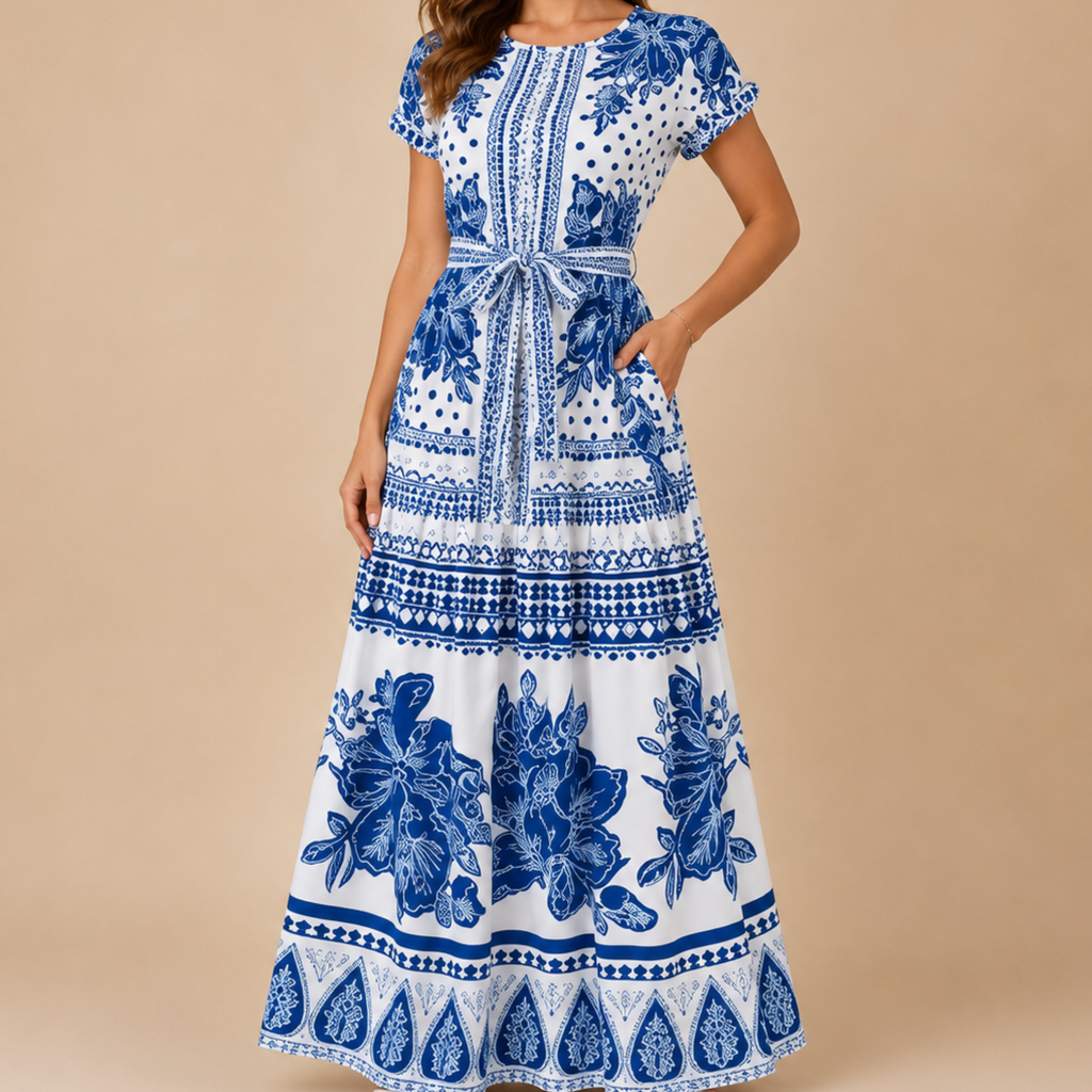 Wilhelmina printed maxi dress in light blue, close-up view, designed by Bella Hudson