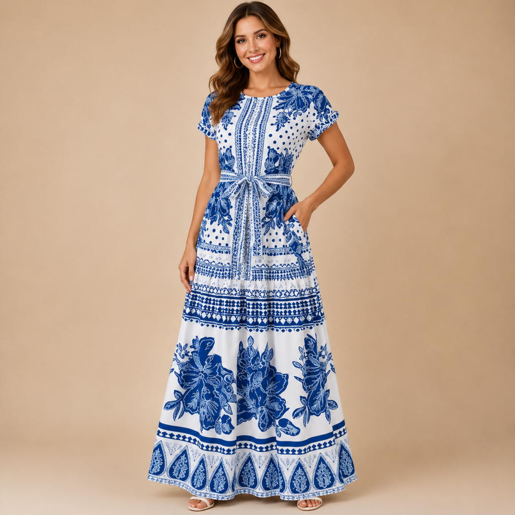 Wilhelmina printed maxi dress with elastic waist in light blue, front view, designed by Bella Hudson