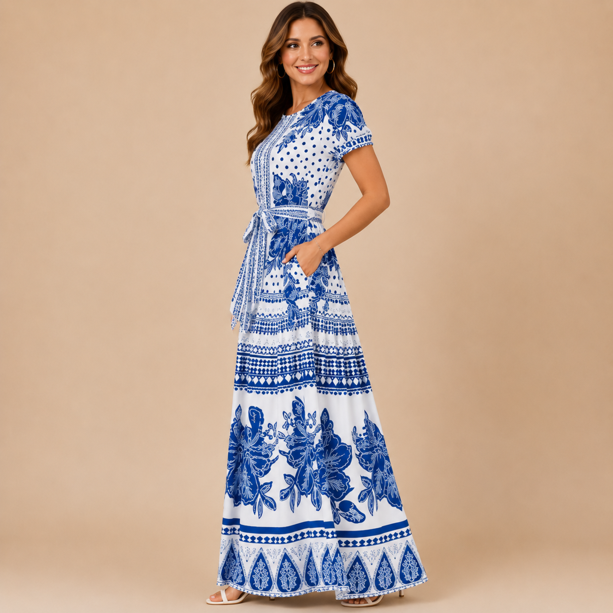Wilhelmina printed maxi dress with elastic waist in light blue, side view, designed by Bella Hudson