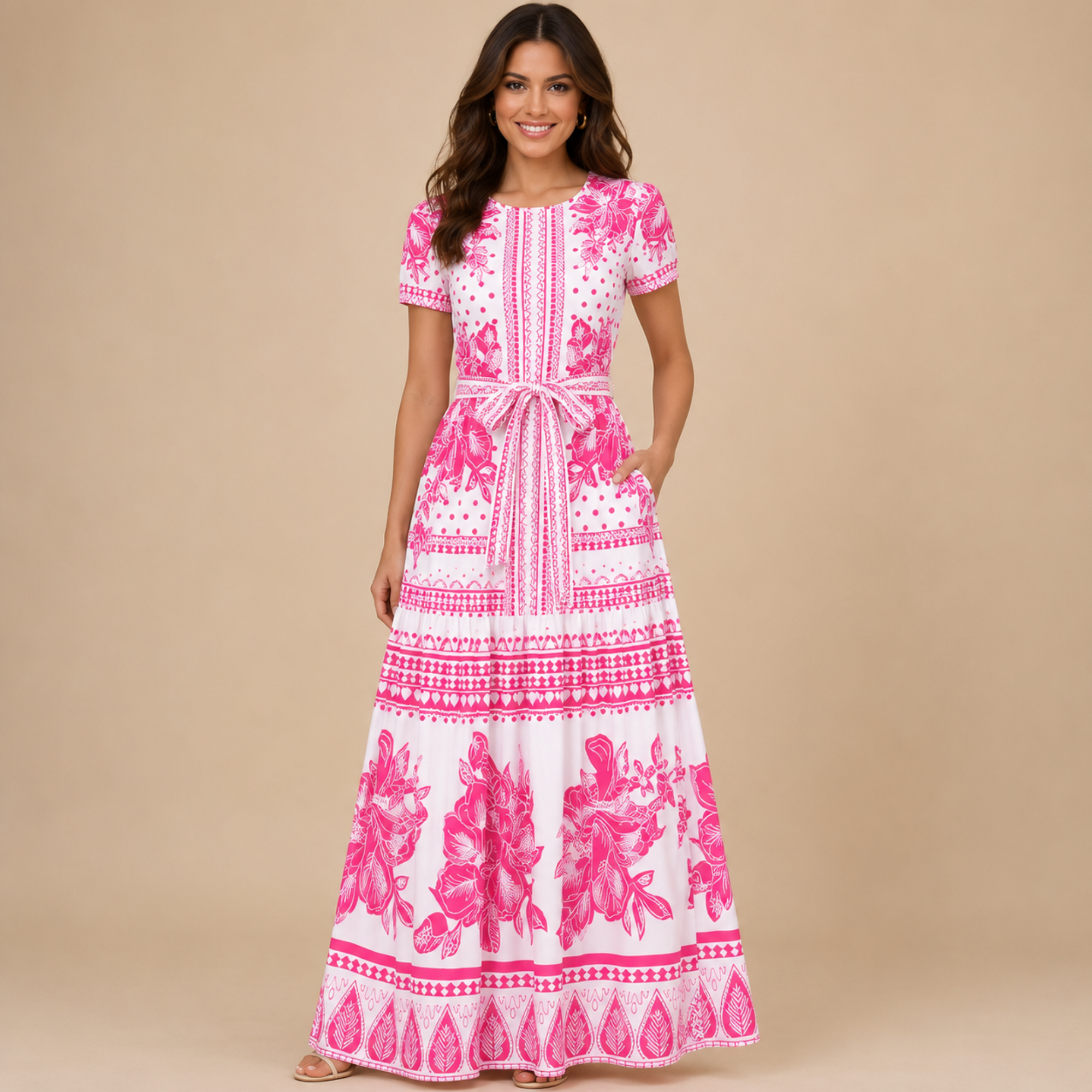 Wilhelmina printed maxi dress with elastic waist in pink, front view, designed by Bella Hudson