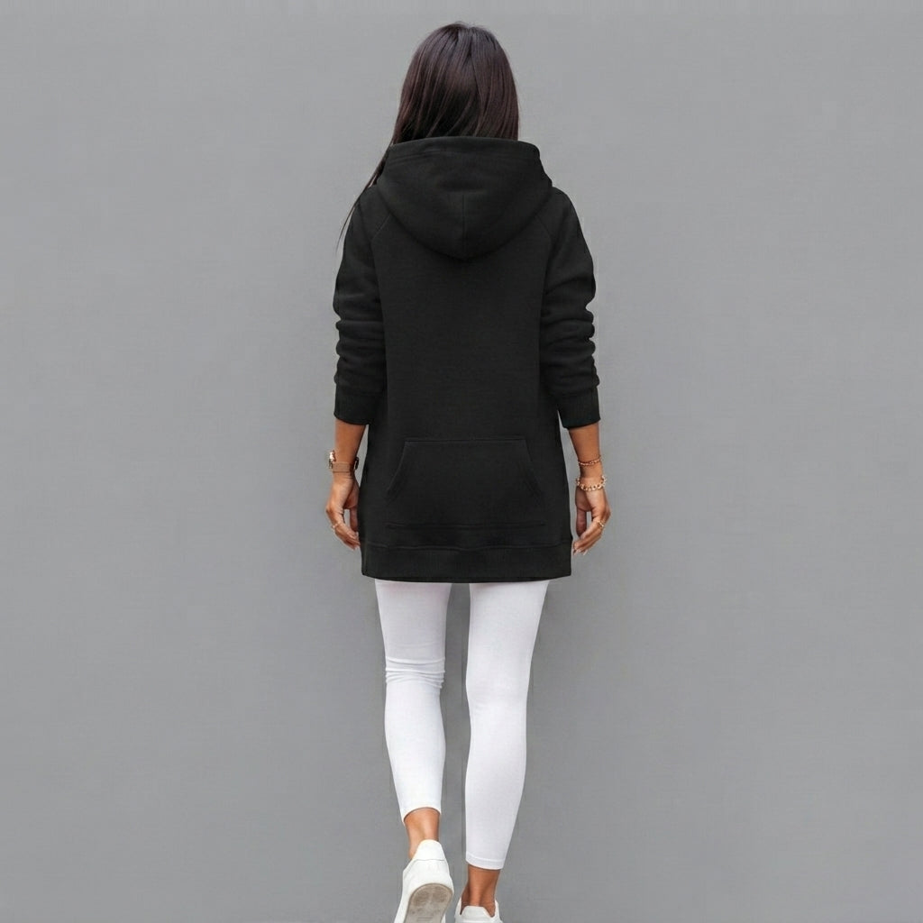 Back view of the Wilhelmine oversized side-slit hoodie in black, featuring a relaxed oversized silhouette, cozy hood, long sleeves, and comfortable casual design.
