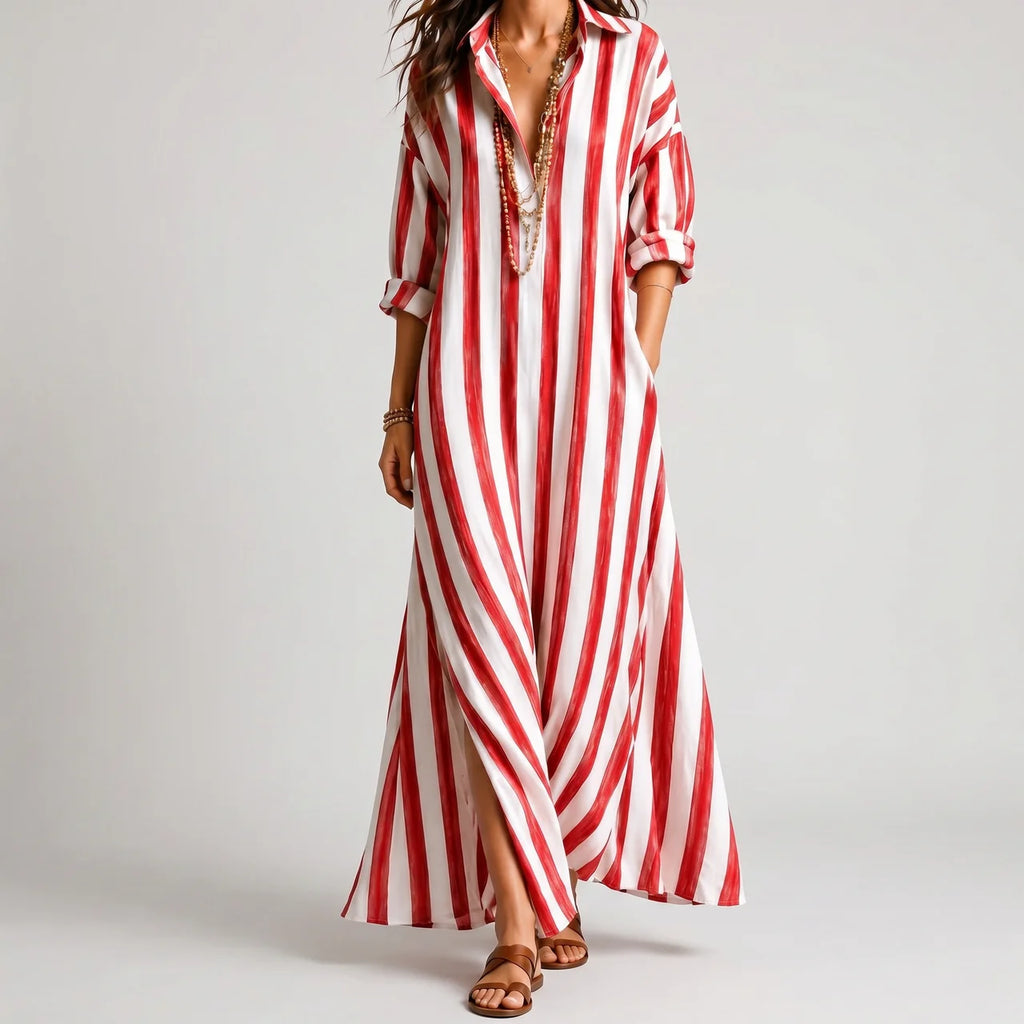 Wine red-maxi dress with rolled sleeves and side pockets front view BELLA HUDSON