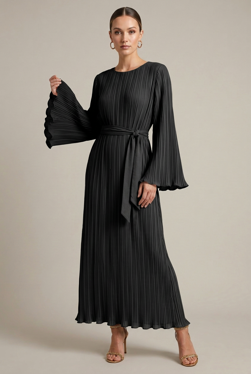 Marisol Maxi Dress Pleated Bell-Sleeve Belted