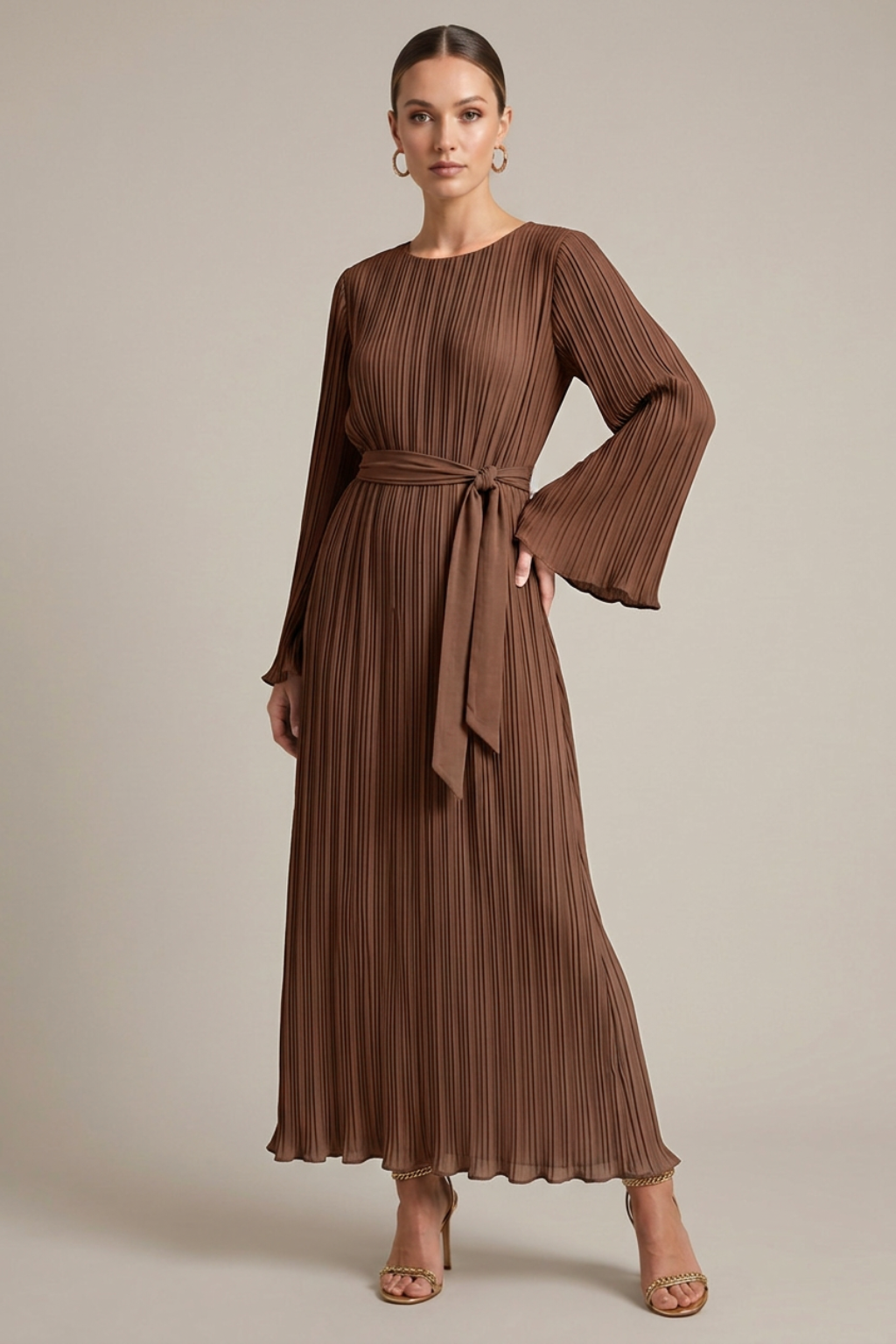 Marisol Maxi Dress Pleated Bell-Sleeve Belted