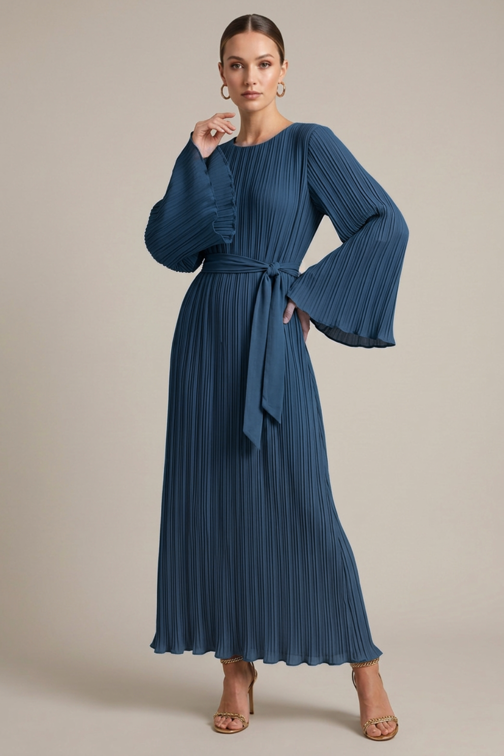 Marisol Maxi Dress Pleated Bell-Sleeve Belted