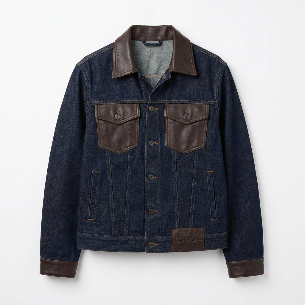 Women's dark blue denim jacket with brown leather accents on a white background classic fit BELLA HUDSON 