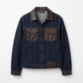 Women's dark blue denim jacket with brown leather accents on a white background classic fit BELLA HUDSON 