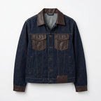 Women's dark blue denim jacket with brown leather accents on a white background classic fit BELLA HUDSON 