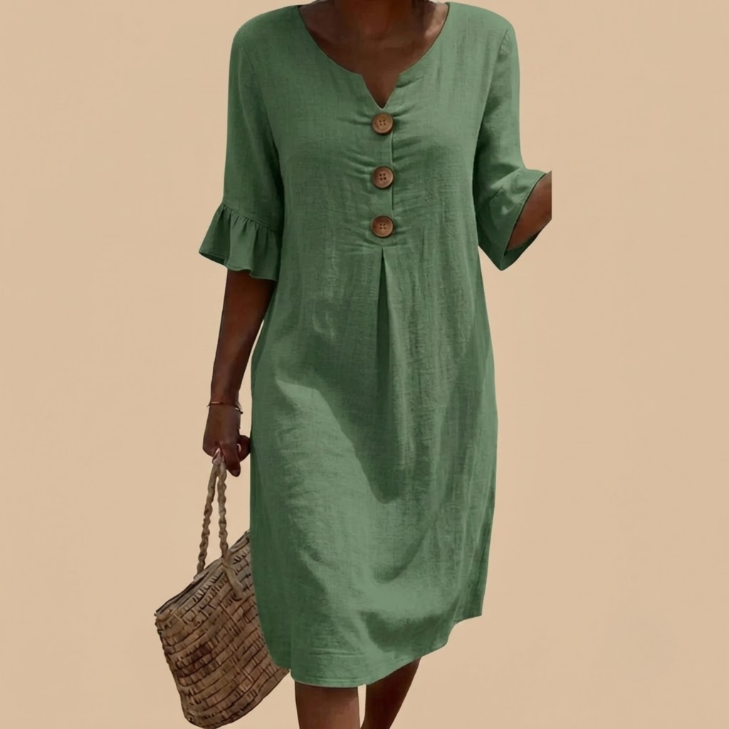 Women's Linen Midi Dress Green Front View
