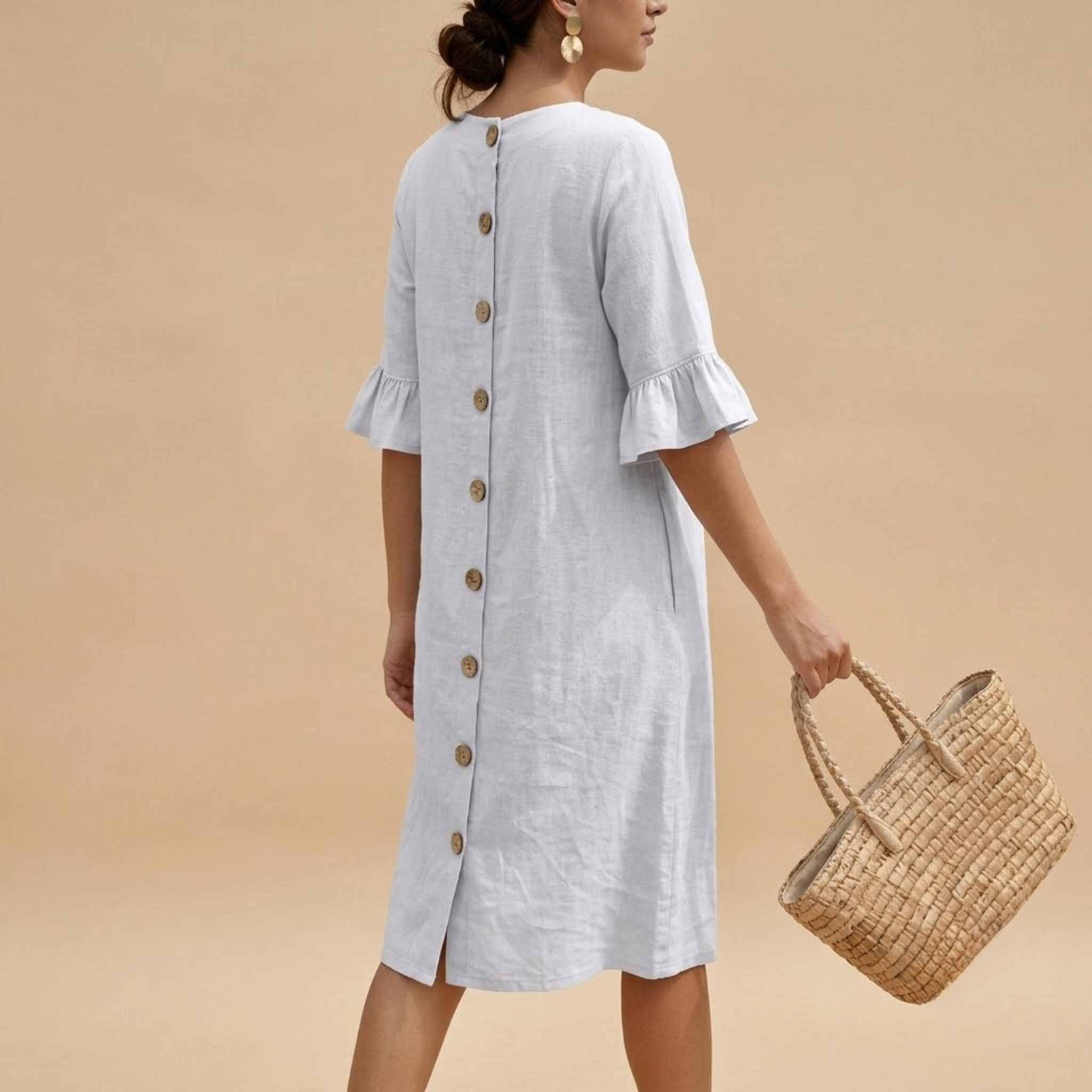 Women's Midi Linen Dress White BackView