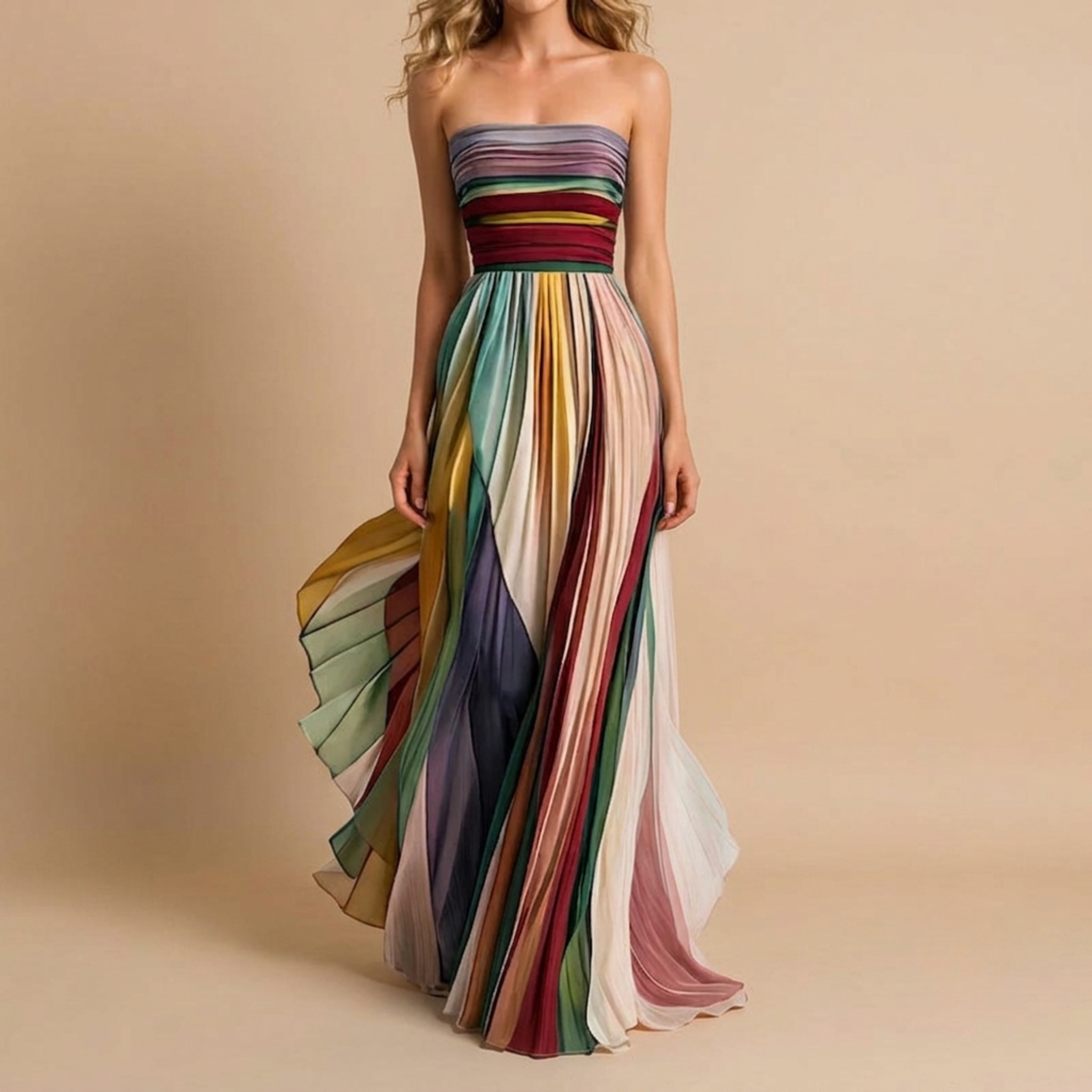 Women_s_Pleated_Strapless_Multi_Maxi_Dress_Frontview