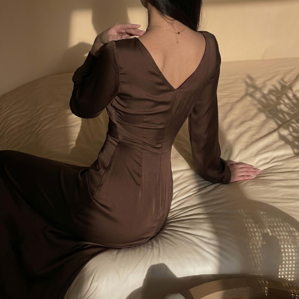 Women's Satin Maxi Dress Brown Back VIew