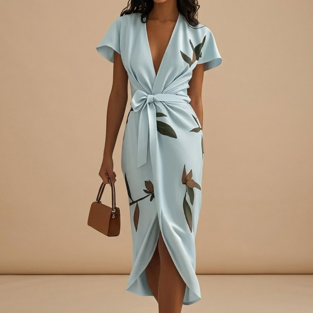 Wrap_Style_Midi_Dress_Blue_Frontview