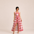 Yolanda red floral jumpsuit maxi dress, front view, designed by Bella Hudson