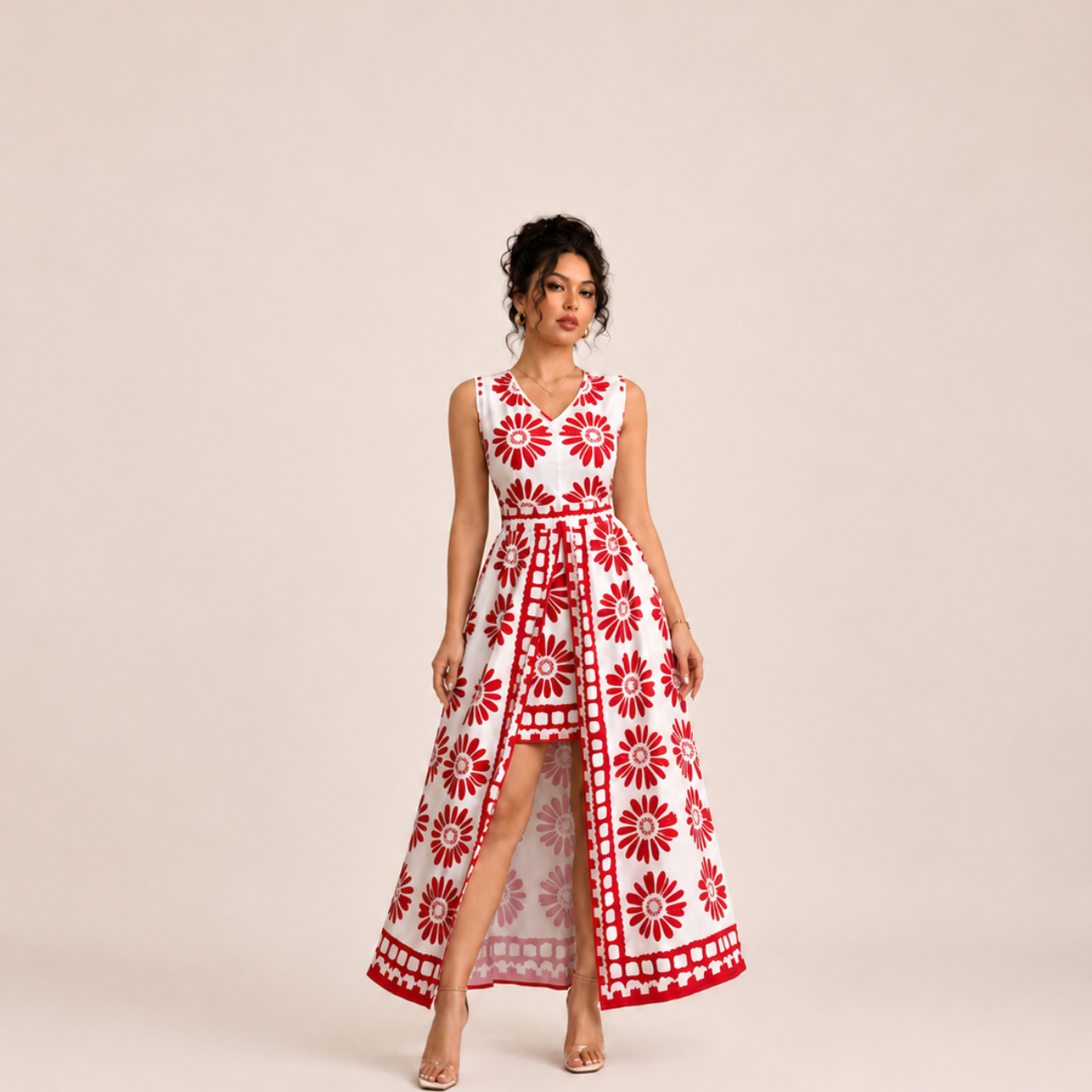 Yolanda red floral jumpsuit maxi dress, front view, designed by Bella Hudson