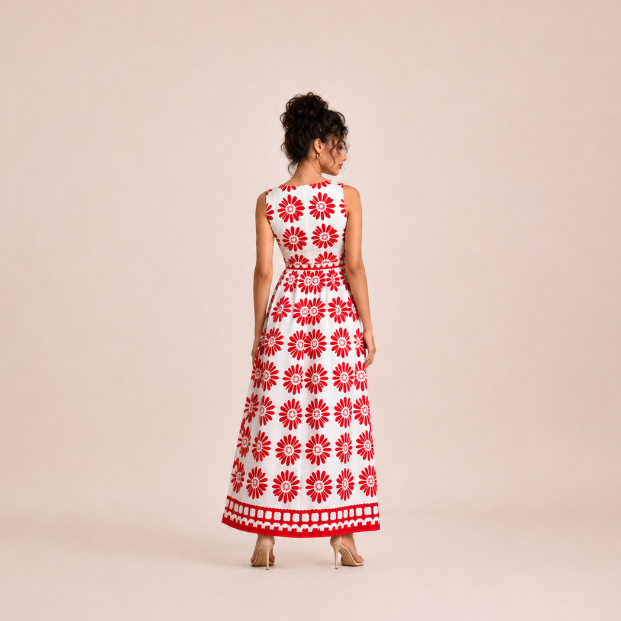 Yolanda red floral jumpsuit maxi dress, back view, designed by Bella Hudson