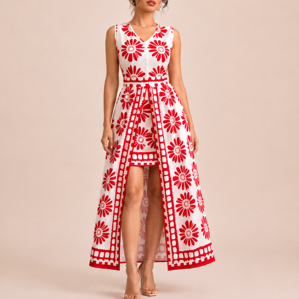 Yolanda red floral jumpsuit maxi dress, close up view, designed by Bella Hudson