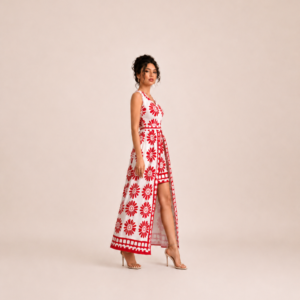 Yolanda red floral jumpsuit maxi dress, side view, designed by Bella Hudson