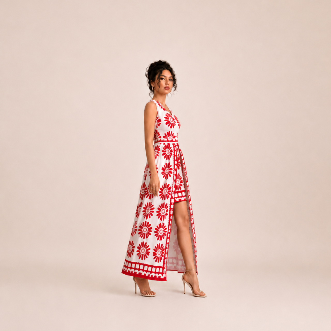 Yolanda red floral jumpsuit maxi dress, side view, designed by Bella Hudson