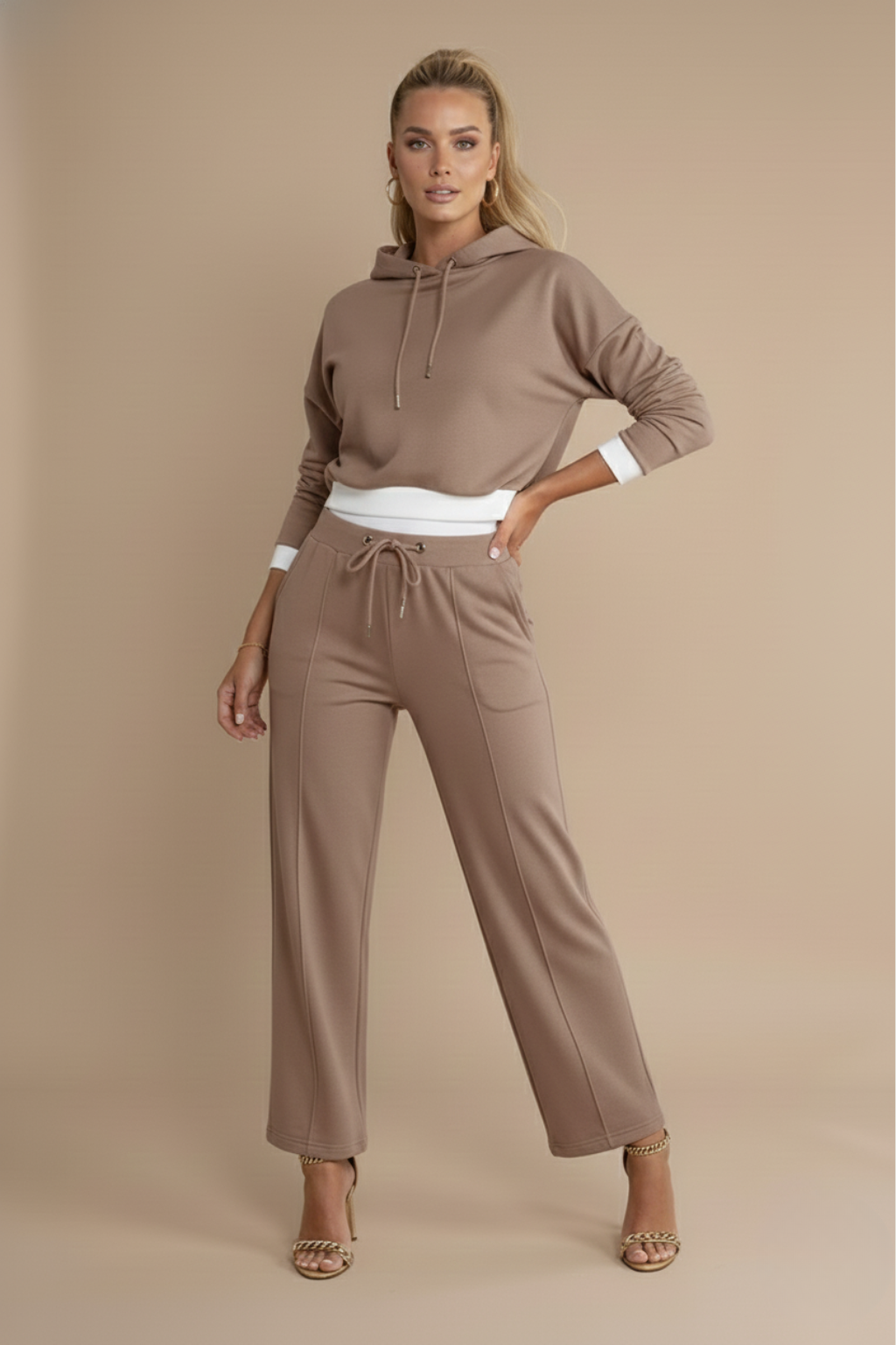 Adalynn hoodie wide-leg tracksuit set, Taupe