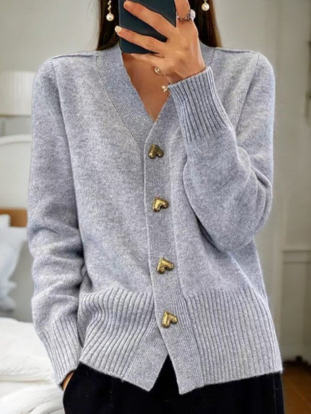 Adelaide Heart-Button Cardigan, Gray