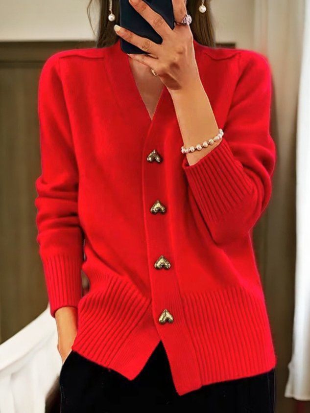 Adelaide Heart-Button Cardigan, Red