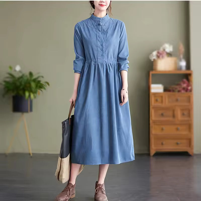 Adele Blue corduroy midi dress with long sleeves and adjustable drawstring waist