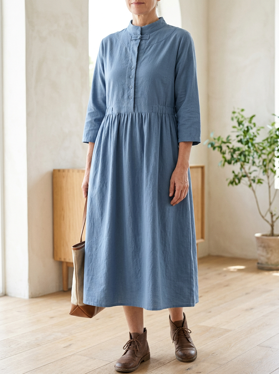 Adele Blue corduroy midi dress with long sleeves and adjustable drawstring waist
