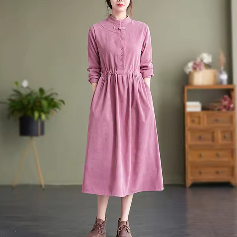 Adele Pink corduroy midi dress with stand collar and midi-length silhouette