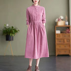 Adele Pink corduroy midi dress with stand collar and midi-length silhouette