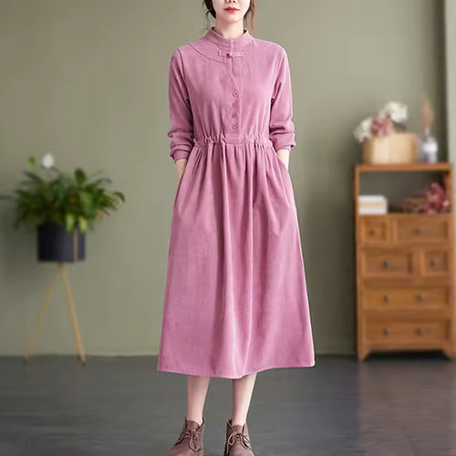 Adele Pink corduroy midi dress with stand collar and midi-length silhouette