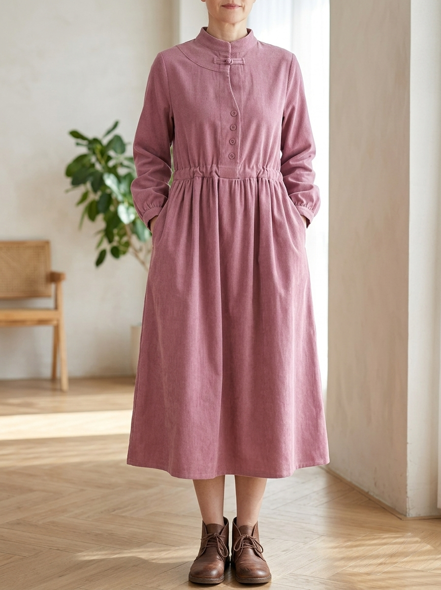 Adele Pink corduroy midi dress with stand collar and midi-length silhouette
