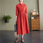 Adele Red corduroy midi dress with stand collar, long sleeves, and drawstring waist