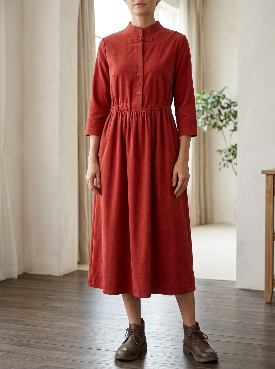 Adele Red corduroy midi dress with stand collar, long sleeves, and drawstring waist