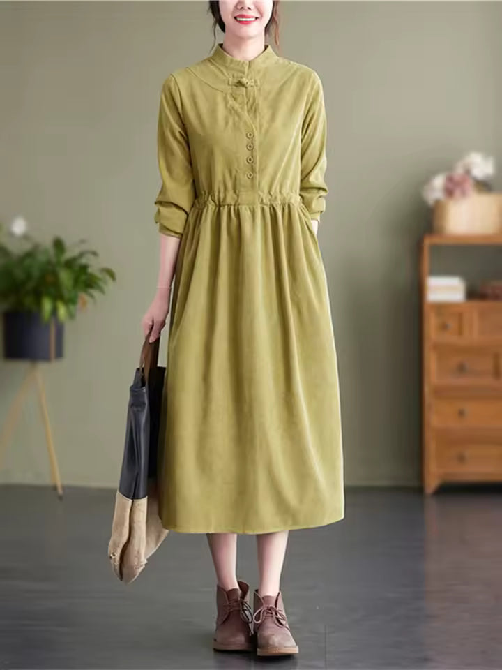 Adele Yellow corduroy midi dress with stand collar and defined drawstring waist